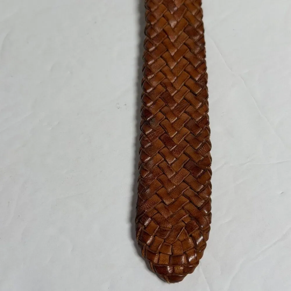 Coach 64459 Brown Braided Woven Leather Belt Size 34 Silver Tone Buckle 48